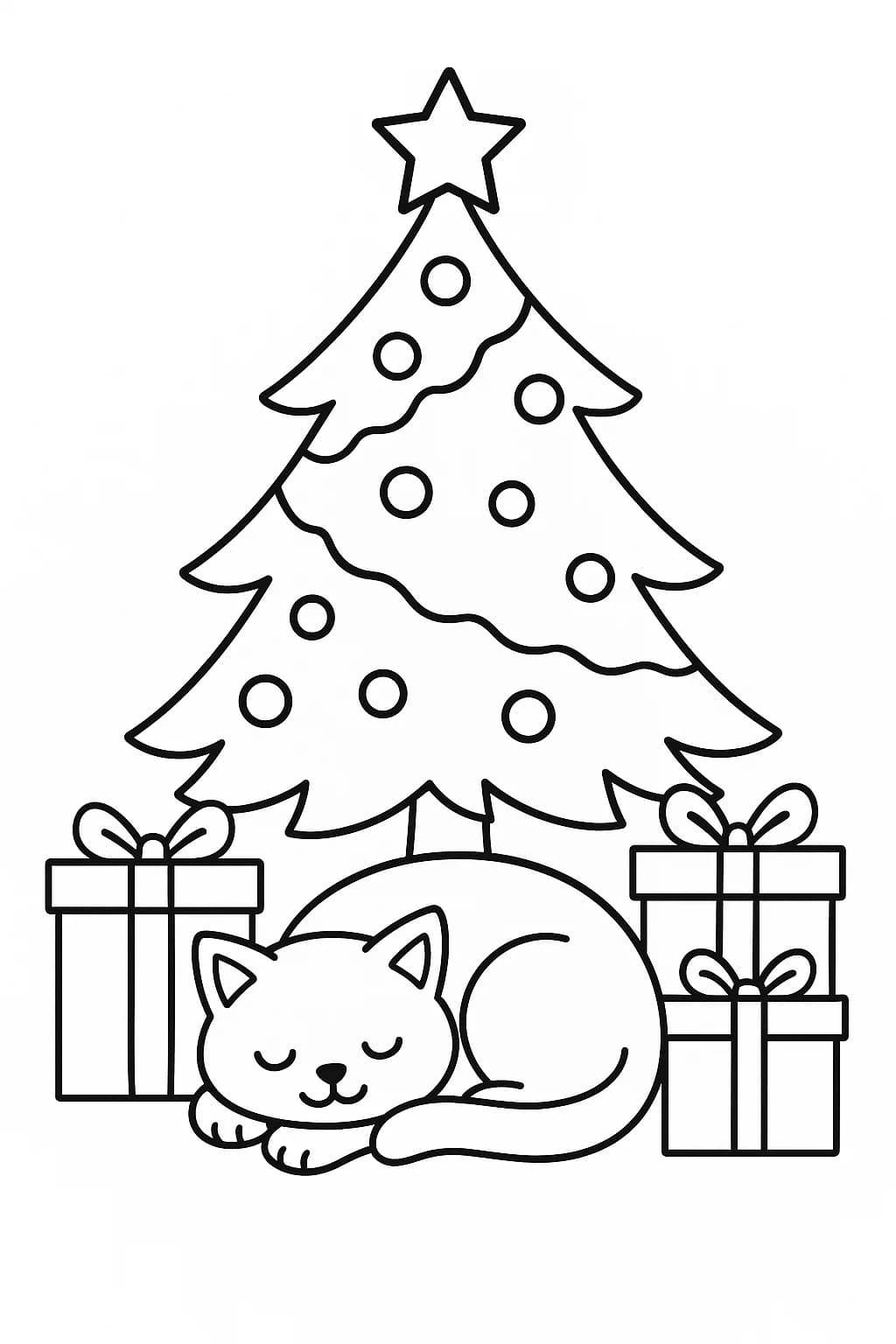 A simple coloring page showing a cat napping under a Christmas tree with presents nearby.