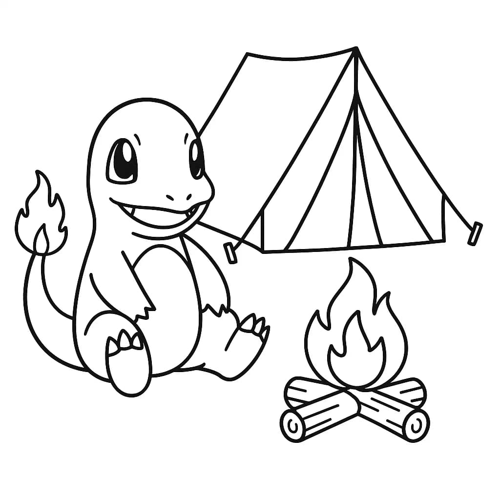 Easy coloring page of Charmander sitting by a tent and campfire.
