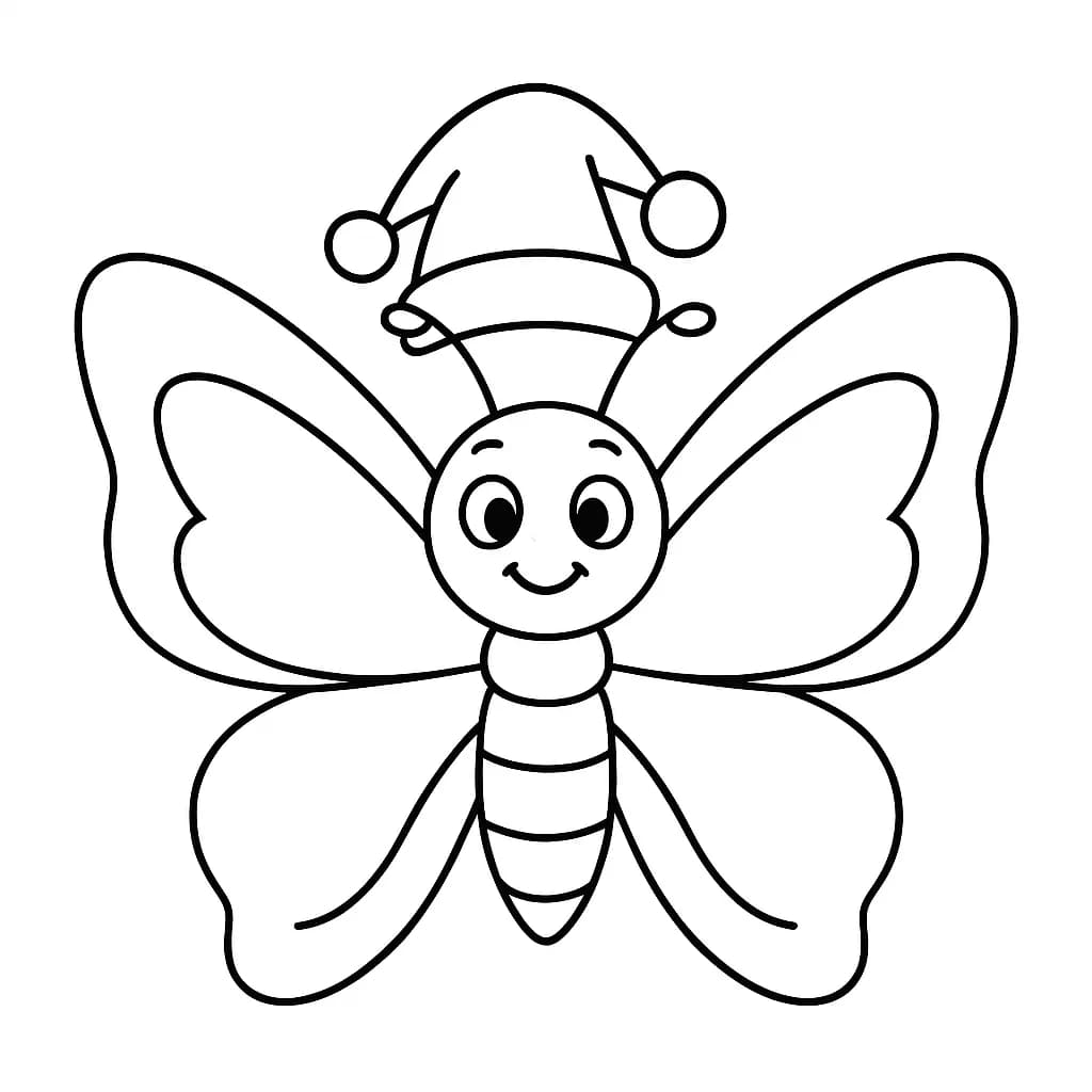 Easy coloring page of a butterfly wearing a Santa hat, with large wings and simple details, suitable for preschool children.
