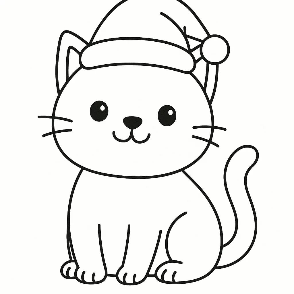 Line art of a cat wearing a Santa hat, simple and festive for young children.