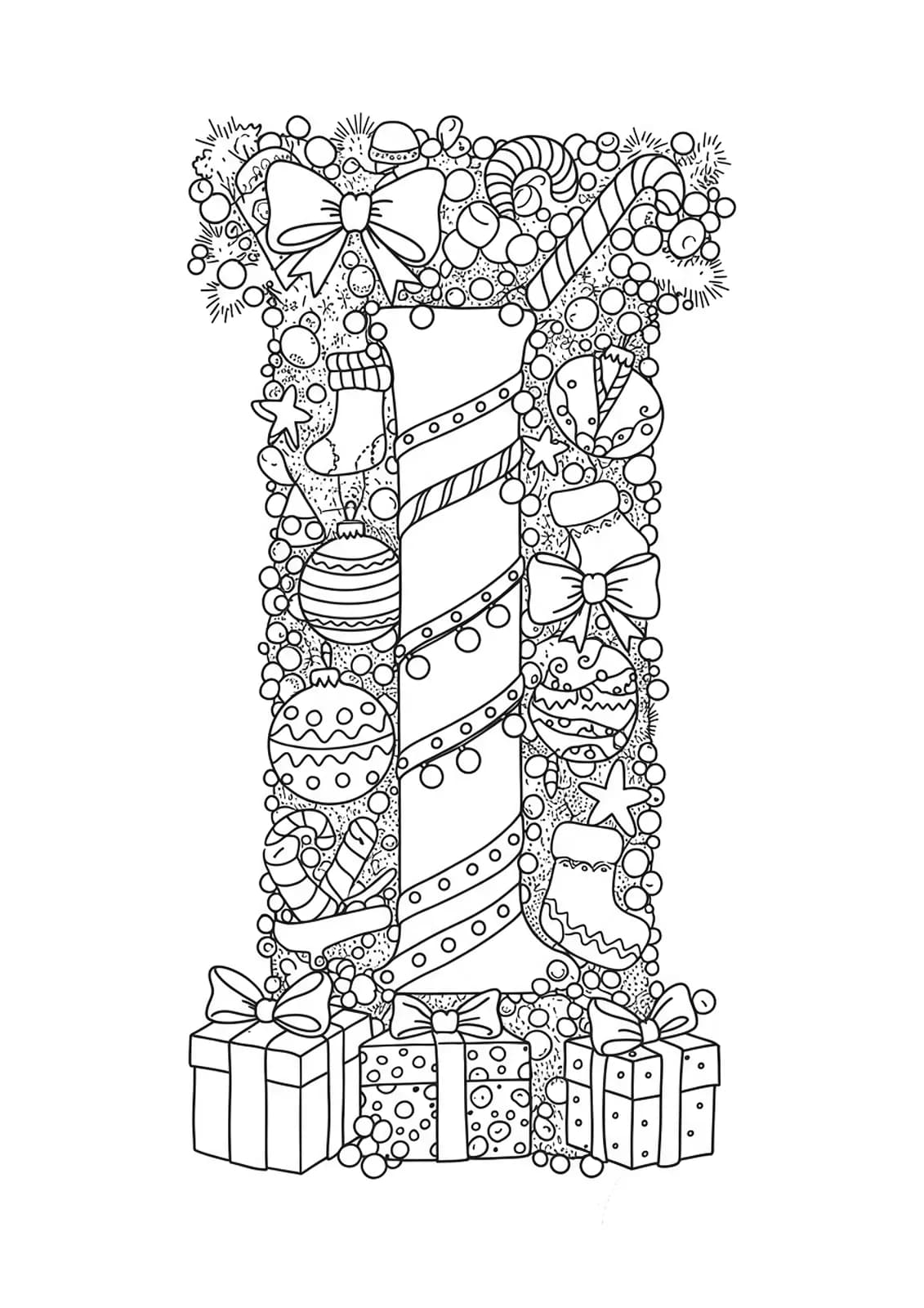Black and white coloring page of letter I decorated with Christmas ornaments, garland, and candy canes for elementary kids.
