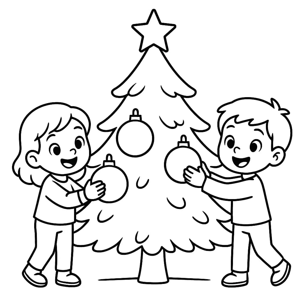 Easy coloring page of two kids decorating a Christmas tree.