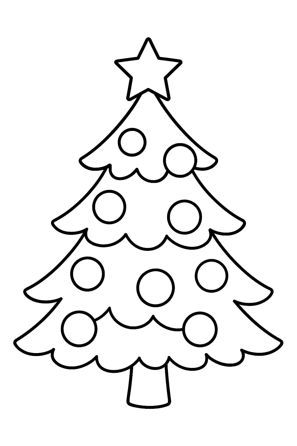 Simple coloring page of a Christmas tree with large ornaments and a star, designed for preschoolers.