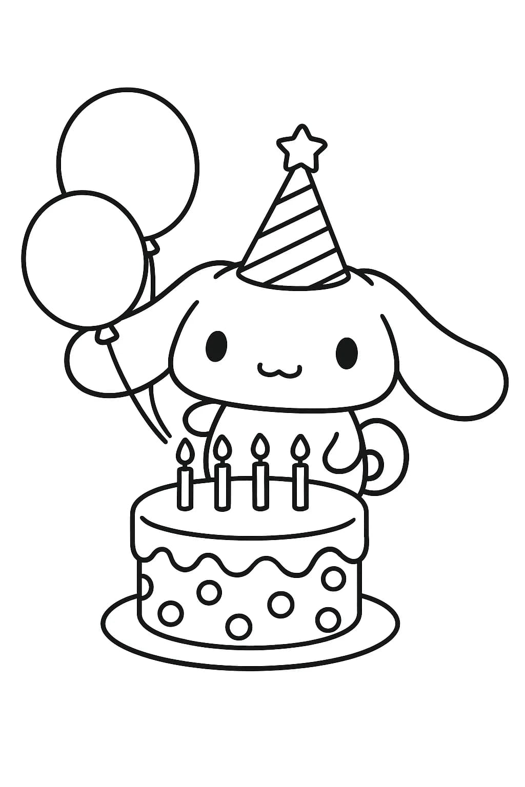 Cinnamoroll with a party hat, cake, and balloons in a simple birthday party scene.