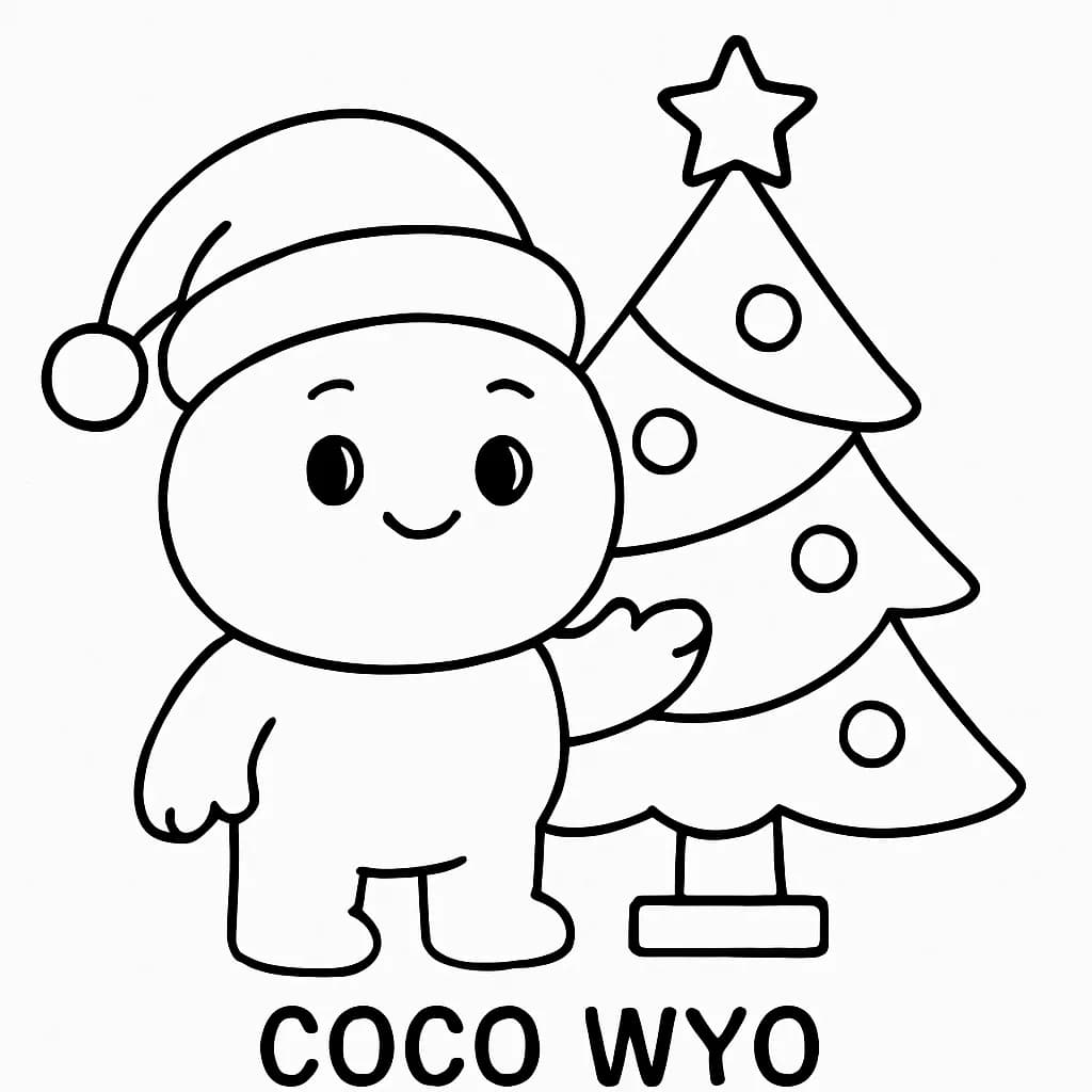 Simple line art of Coco Wyo wearing a Santa hat standing next to a Christmas tree, designed for preschoolers.
