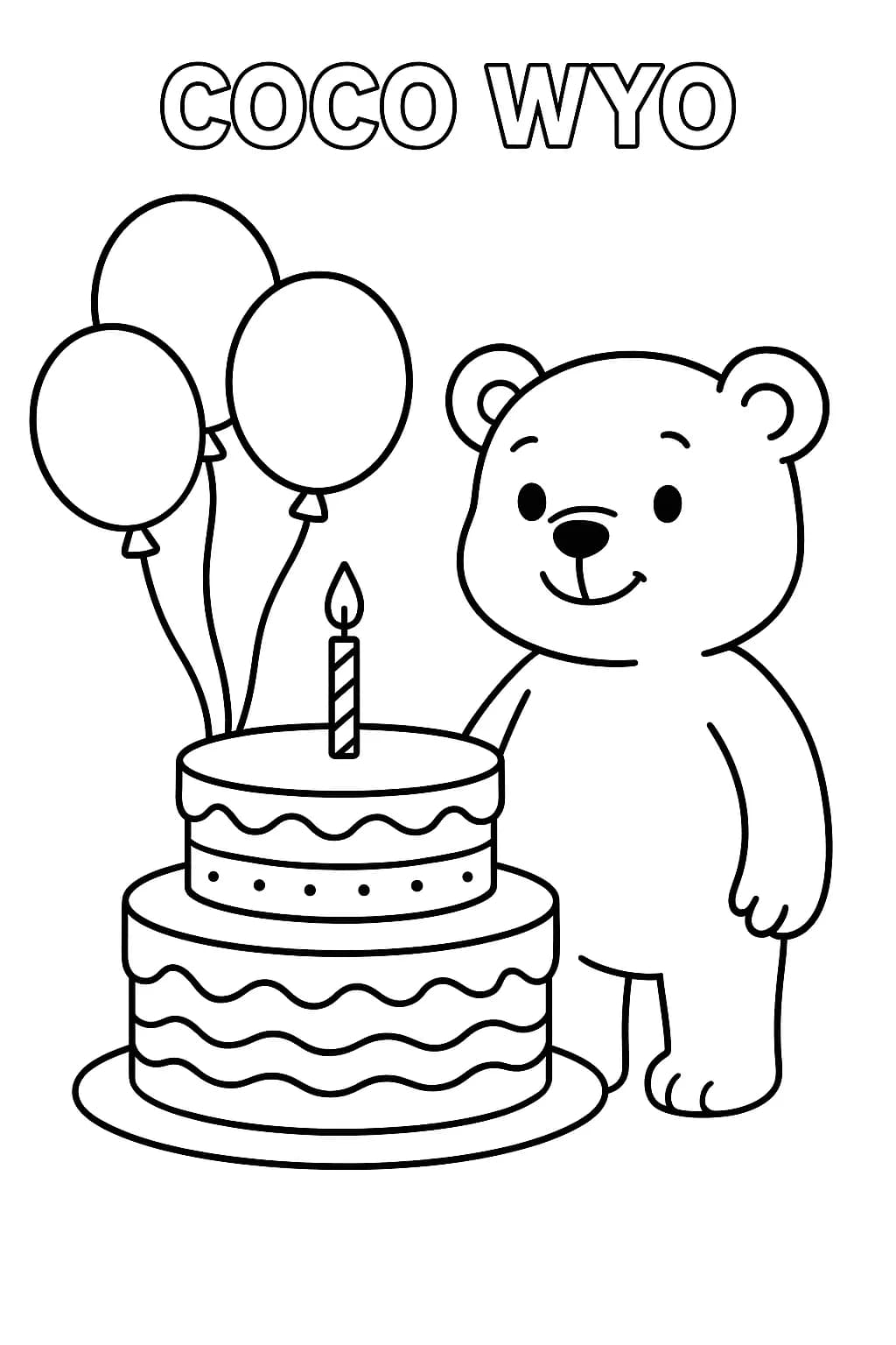 Coco Wyo next to a big birthday cake and balloons, outlined simply for easy preschool coloring.