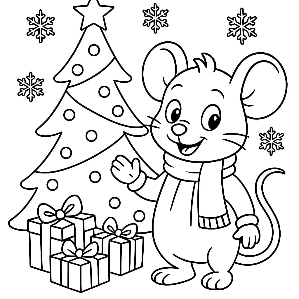 Coco Wyo in scarf by holiday tree, snowflakes, and presents, easy coloring page.