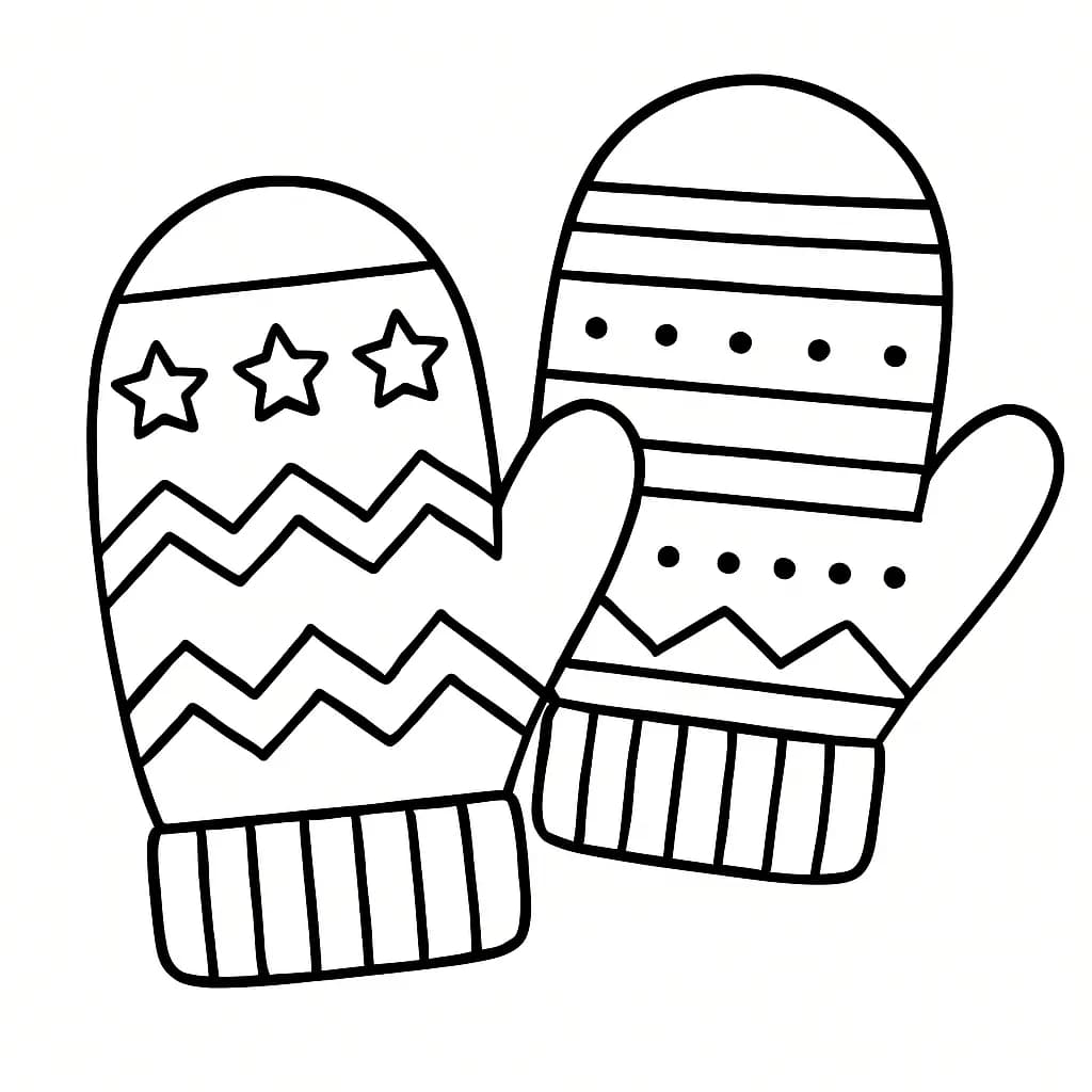 Simple line drawing of two large winter mittens with minimal patterns, side by side, no fingers visible.