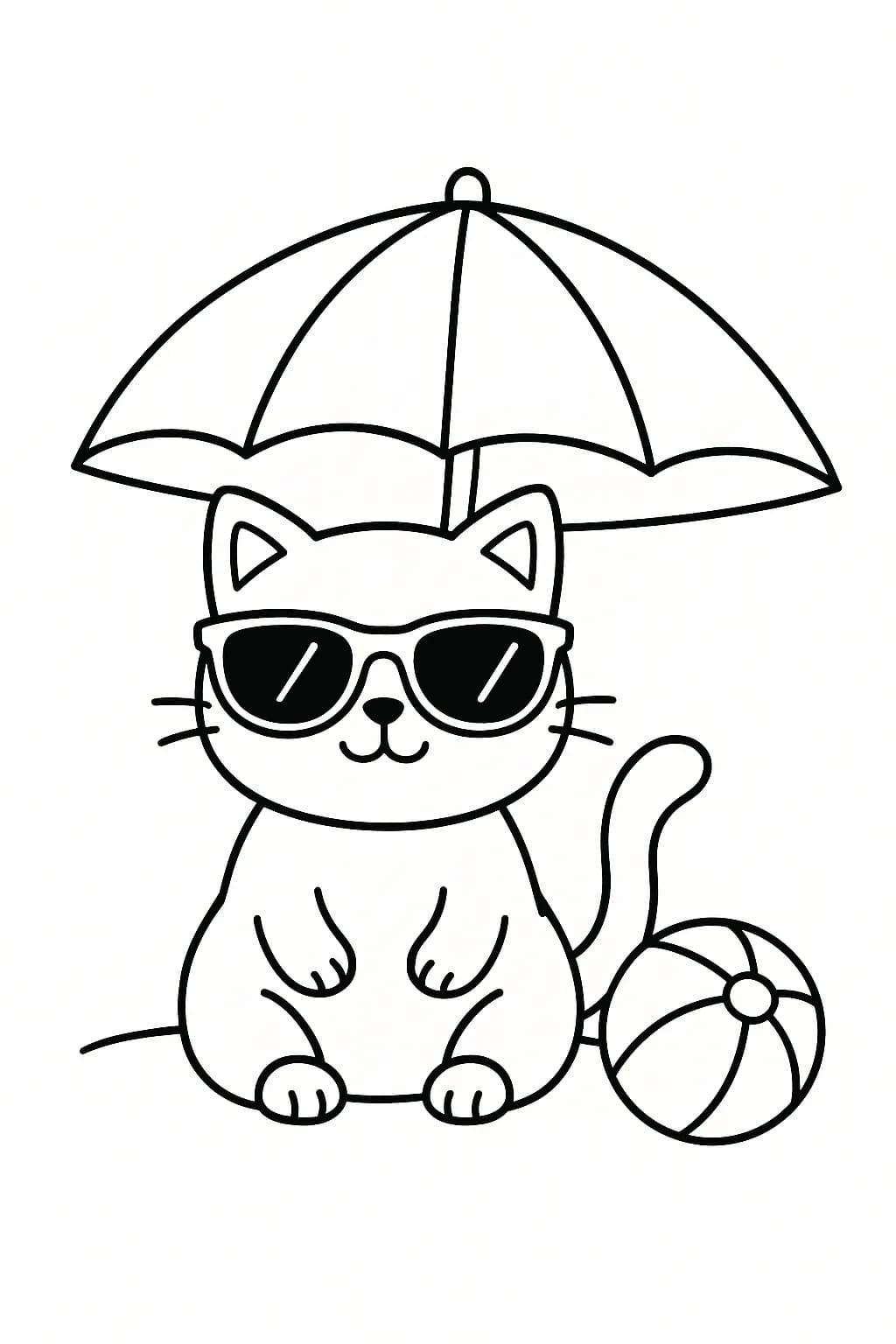 Simple line art of a cute cat with sunglasses at the beach, sitting under an umbrella with a beach ball