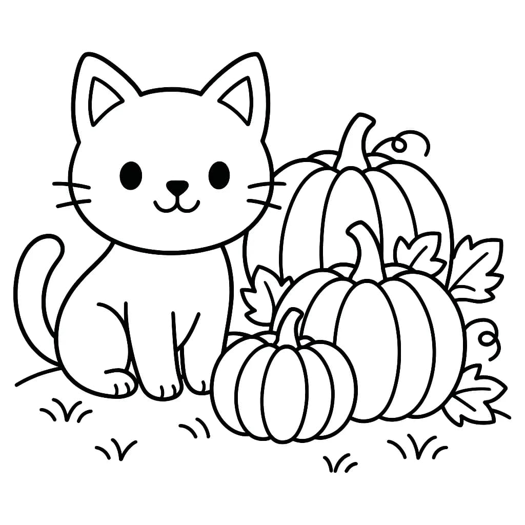 Cute cat sitting with pumpkins in a simple autumn scene, large areas to color