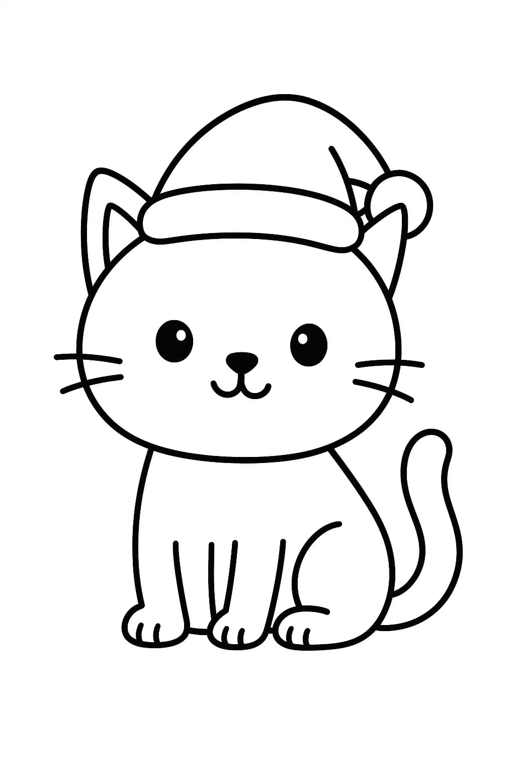 Cute cat wearing a Santa hat with a big pom-pom, simple Christmas theme