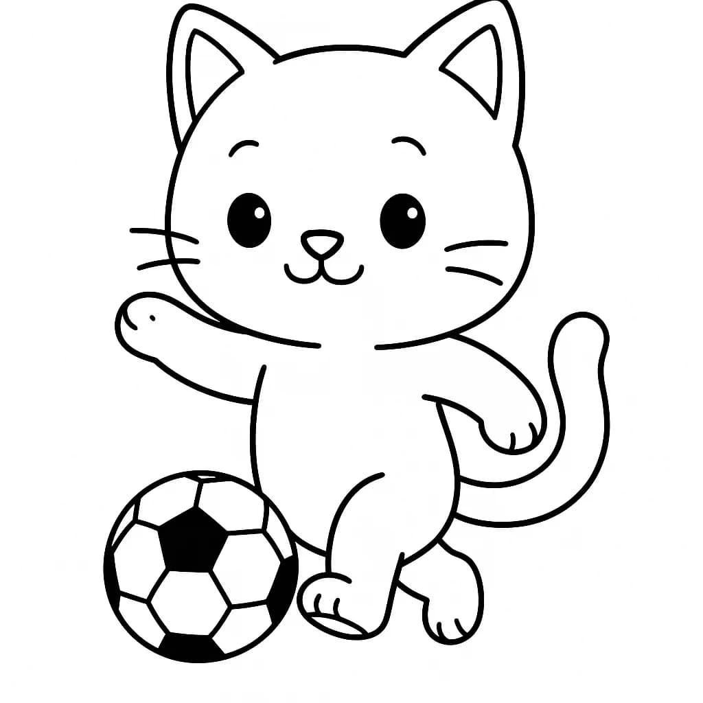 Cute cat kicking a large soccer ball, simple sports scene for kids
