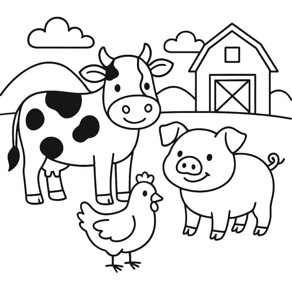 Simple coloring page with a cow, pig, and chicken standing together, large spaces and easy lines.