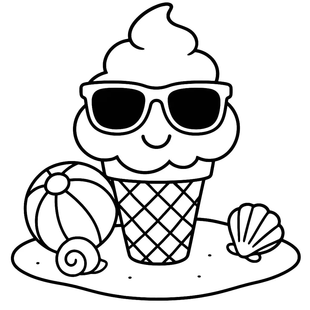 Smiling ice cream cone with sunglasses and a beach ball by the seaside, simple lines