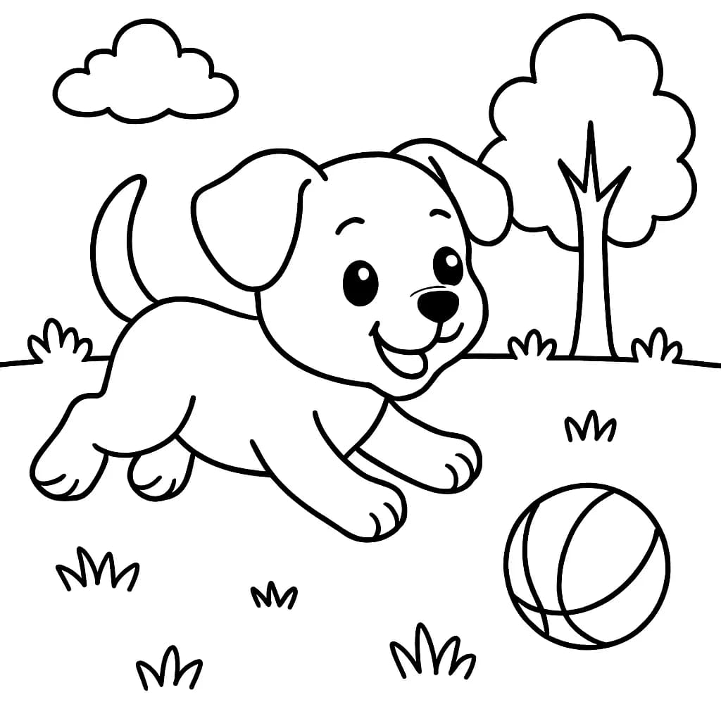 Simple outline of a cute puppy chasing a ball in a park with easy shapes