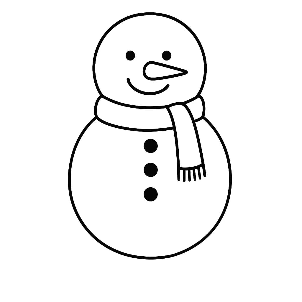 Easy outline drawing of a snowman with a scarf and buttons, made for preschoolers to color.