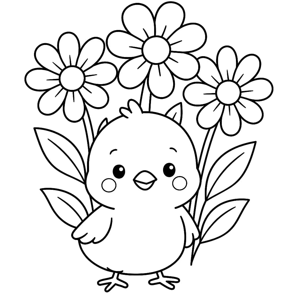Simple coloring page of a baby chick with large spring flowers, easy for preschoolers