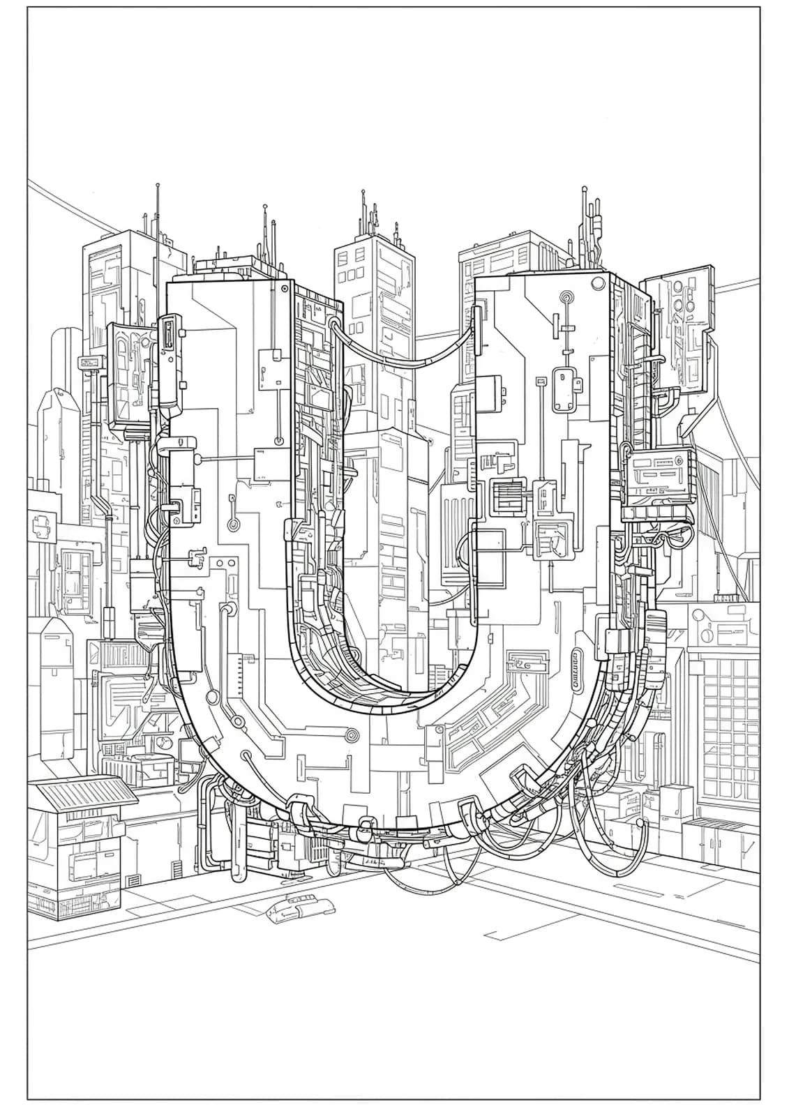 Letter U integrated into a complex cyberpunk cityscape with skyscrapers, neon lights, and futuristic tech details for teens.