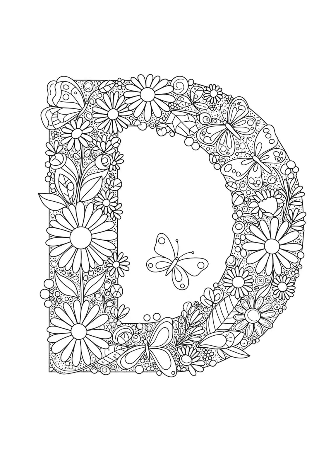 Letter D decorated with detailed daisies, butterflies, and leaves in complex patterns for preschool coloring.