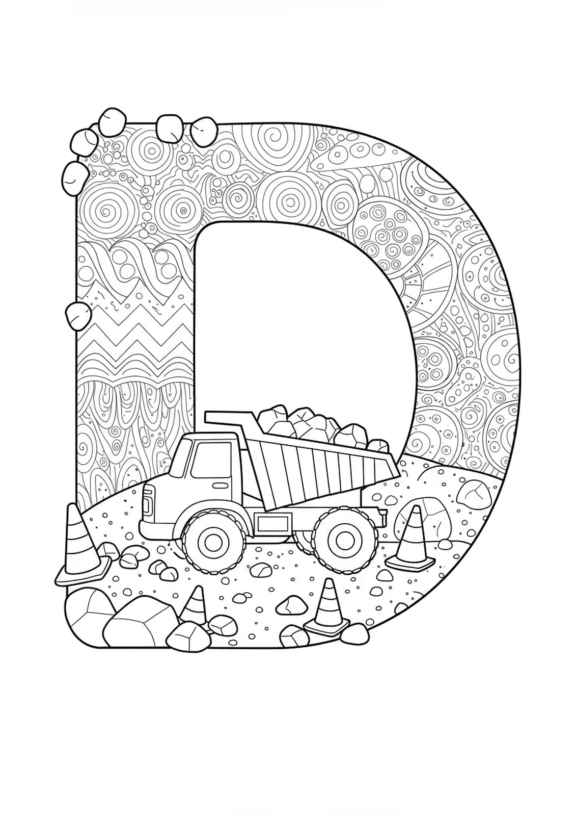 Letter D with a detailed dump truck, rocks, and construction cones with intricate line patterns for preschoolers.