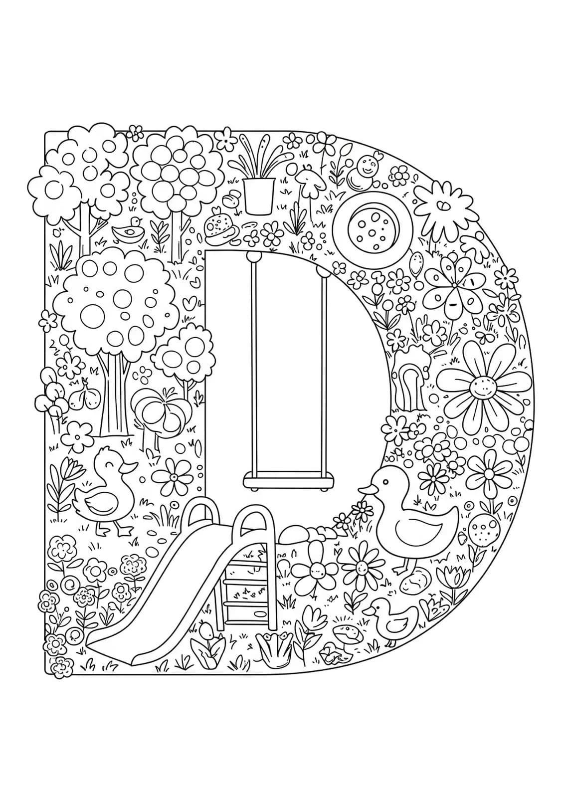 Letter D with detailed park scene including swings, slides, ducks, and flowers with intricate patterns.