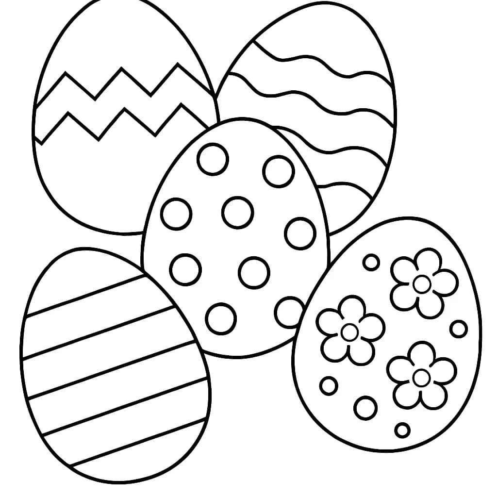 Line art of five large decorated Easter eggs with simple patterns.