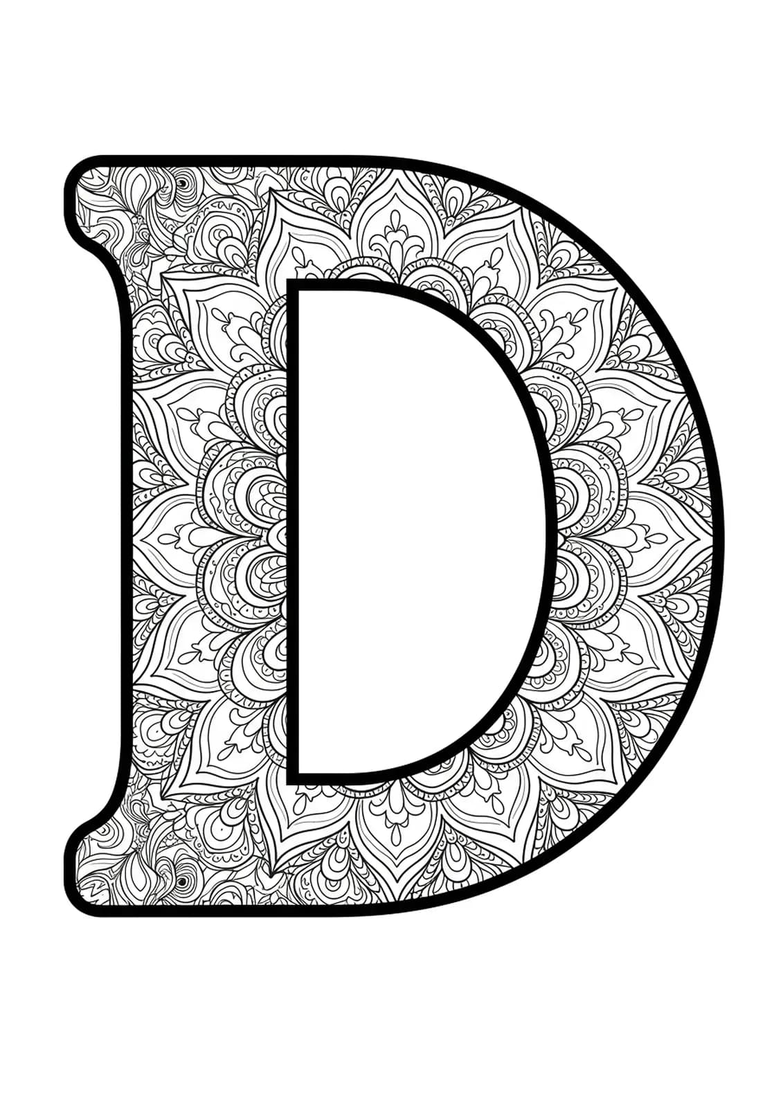 Intricate mandala design integrated with the letter D for adult coloring.