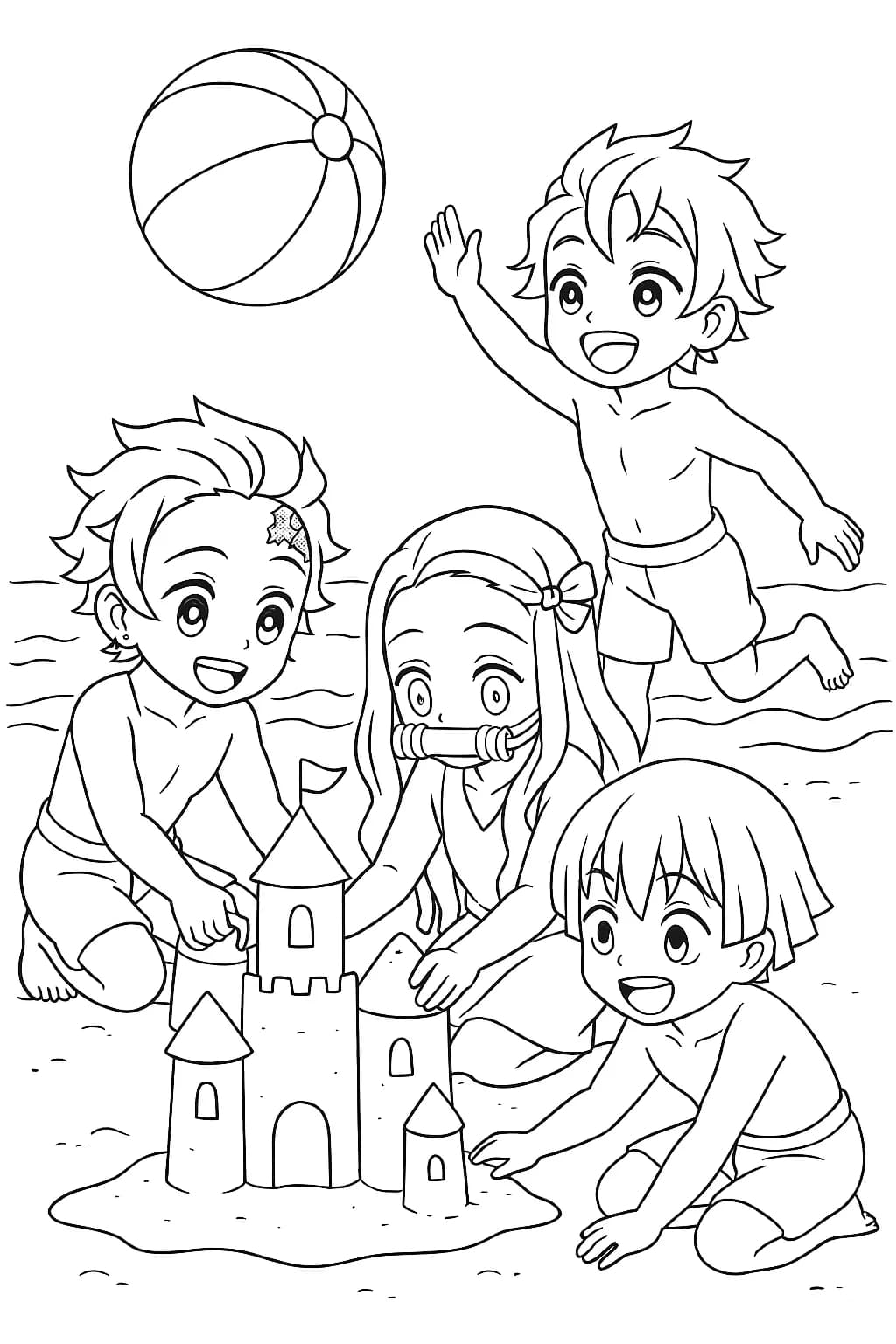 Demon Slayer characters playing at the beach with a sandcastle and beach ball