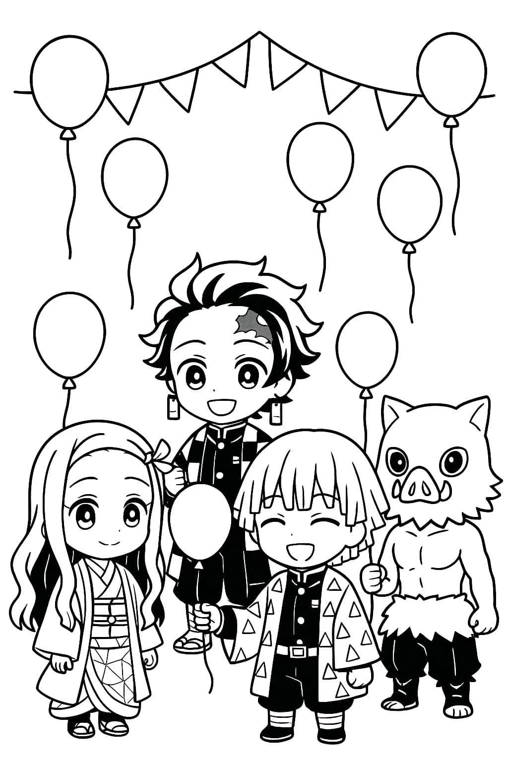 Easy outline of Demon Slayer characters holding balloons at a party