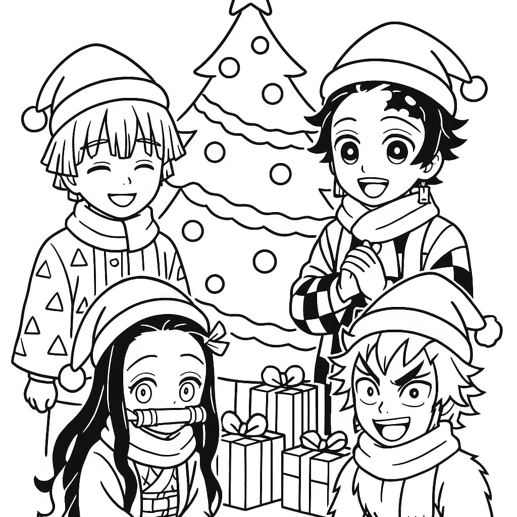 Demon Slayer characters wearing Christmas hats and scarves with a decorated tree and presents