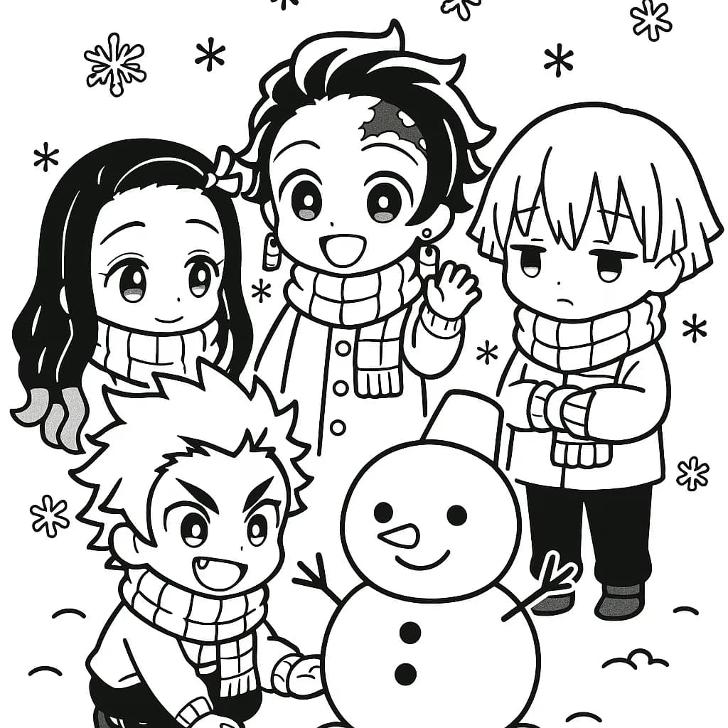 Chibi Demon Slayer characters wearing scarves with snowmen and snowflakes