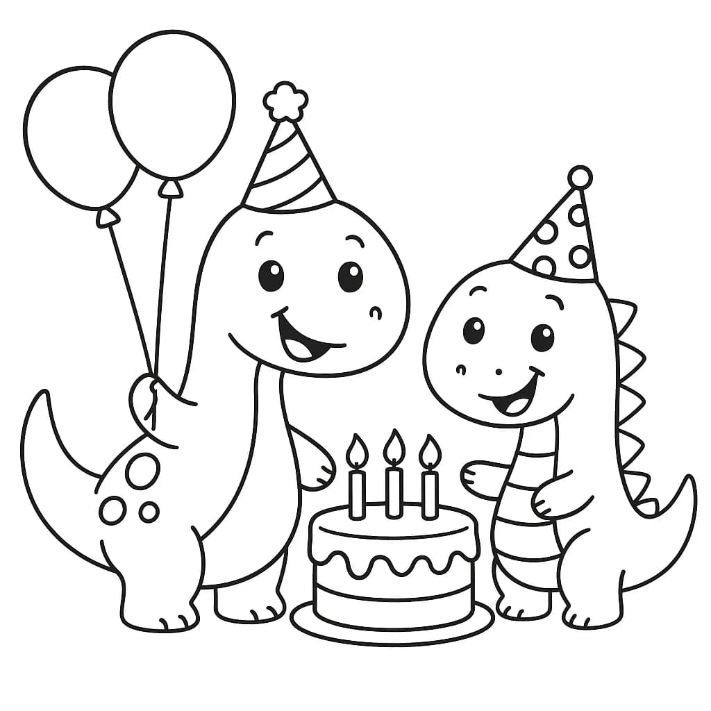 Several cartoon dinosaurs with party hats, balloons, and a birthday cake, simple and easy to color.