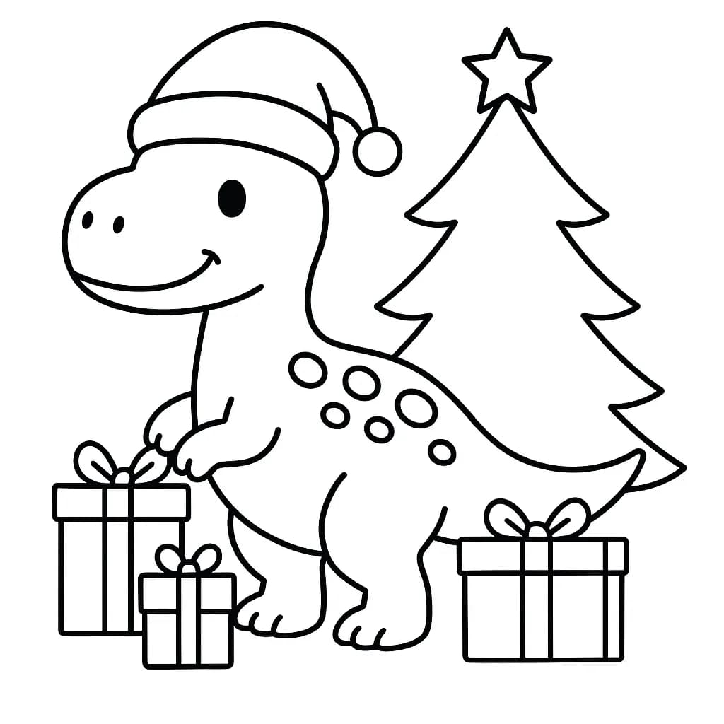 Easy dinosaur wearing Santa hat with gifts and Christmas tree, simple coloring page for preschoolers