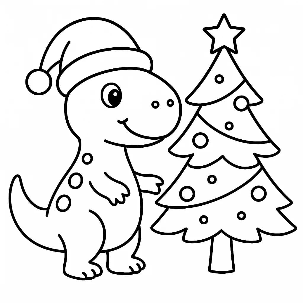 Easy dinosaur coloring page with Santa hat and Christmas tree for preschoolers
