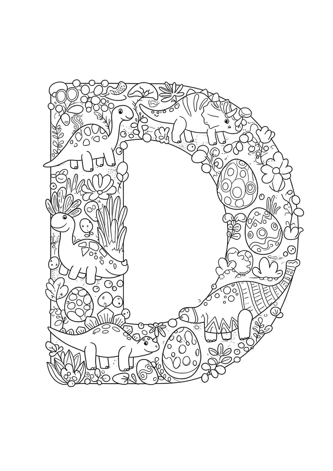 Intricate letter D surrounded by dinosaurs and dino eggs with complex patterns for preschool coloring.