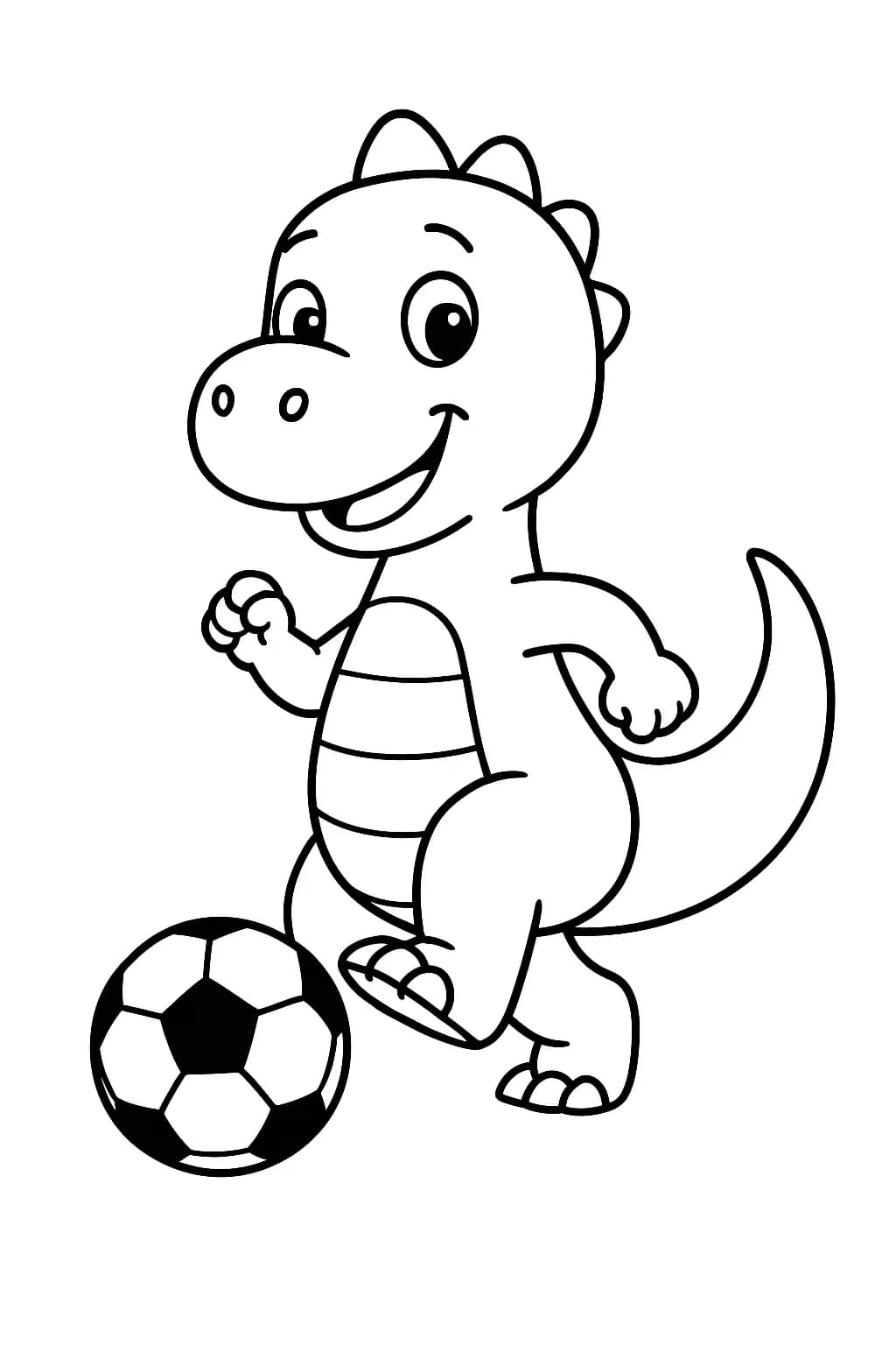 Preschool dinosaur coloring page with dinosaur kicking a soccer ball