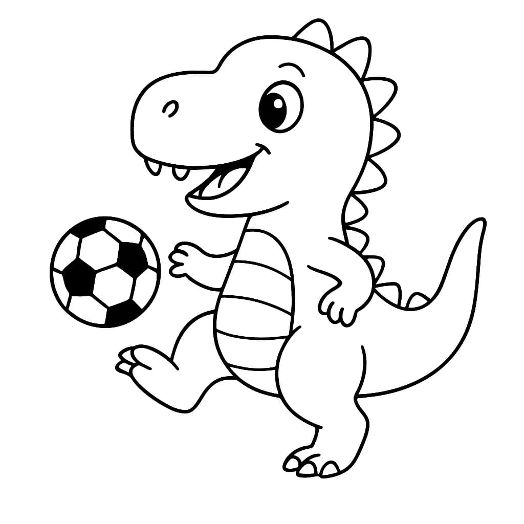 Big dinosaur kicking a soccer ball, sports-themed easy coloring page for preschoolers