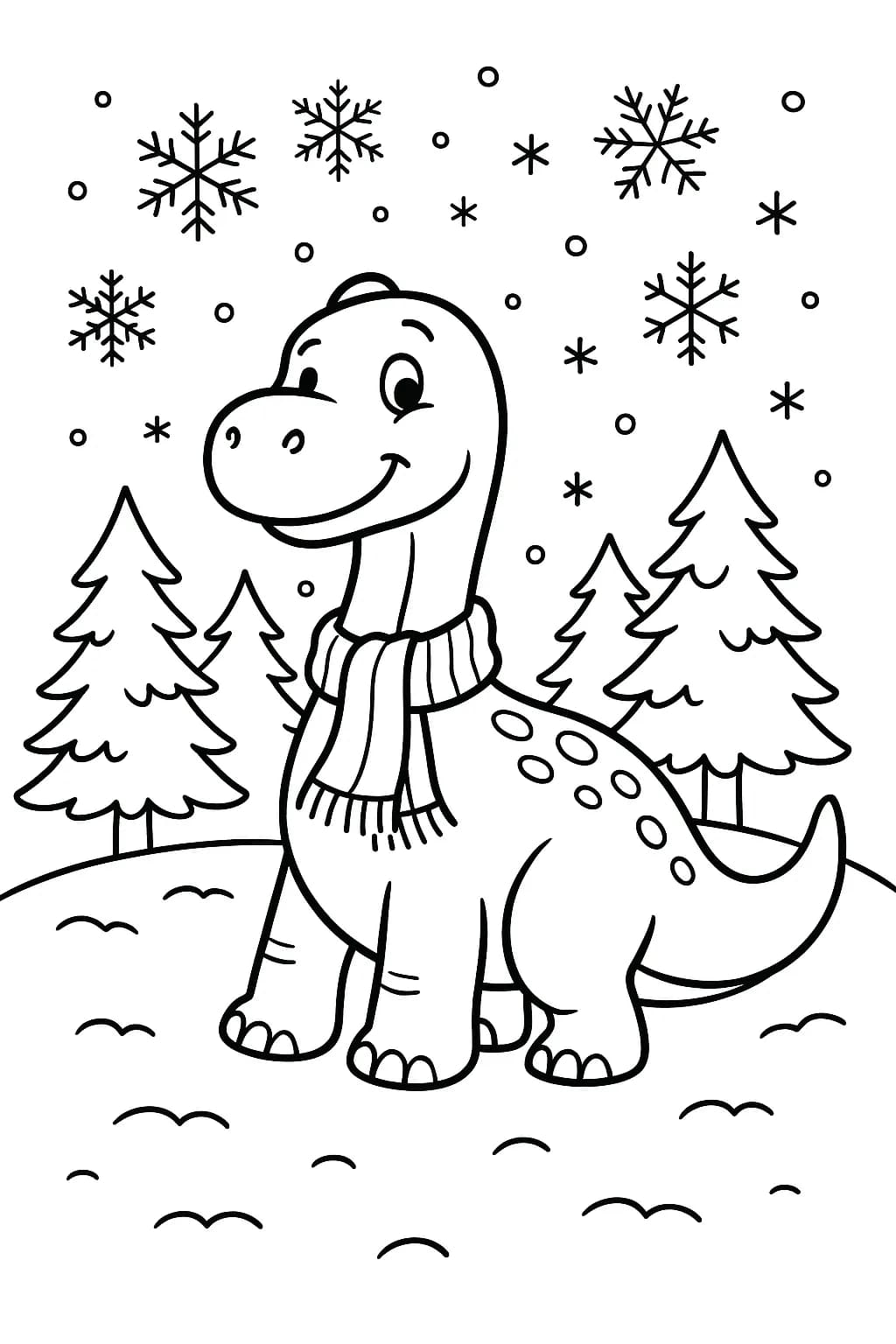 A cartoon dinosaur wearing a scarf building a snowman in a snowy landscape, easy lines for kids to color.