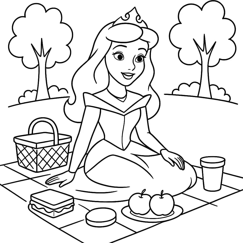Disney princess sitting on a picnic blanket with food and trees around.