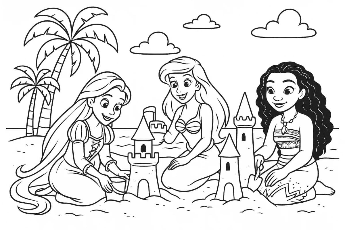 Easy preschool coloring page of Disney princesses at the beach with sandcastles and seashells.