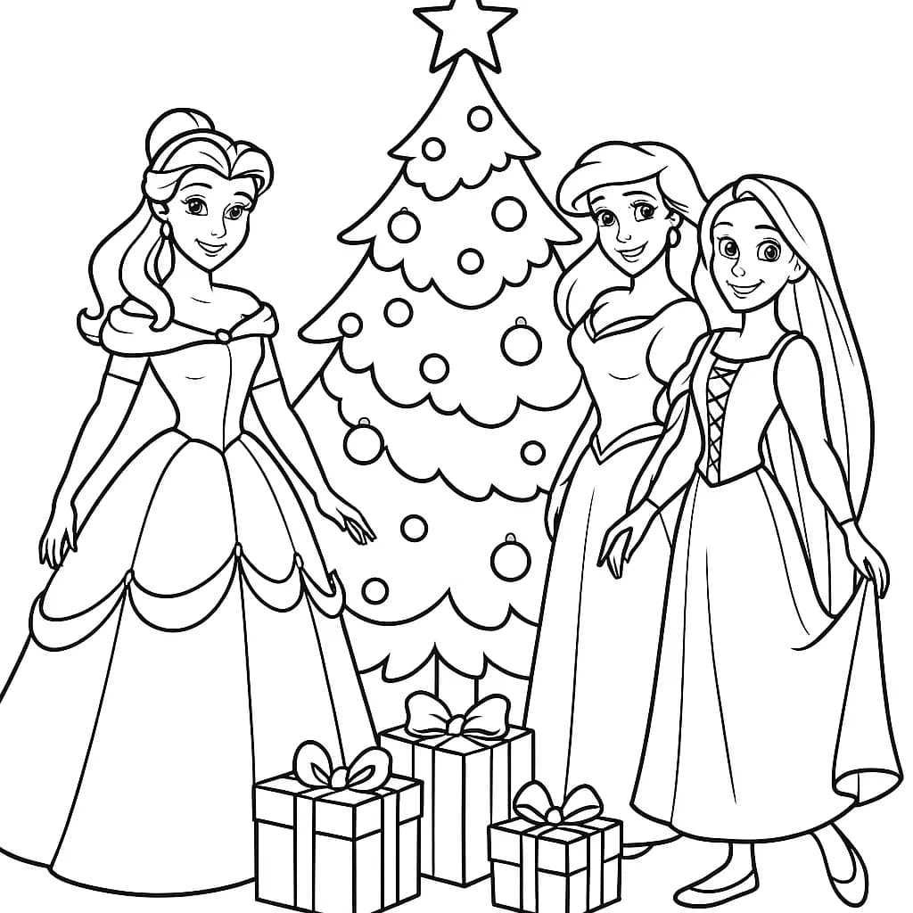 Disney princesses standing near a Christmas tree with presents, easy coloring page.