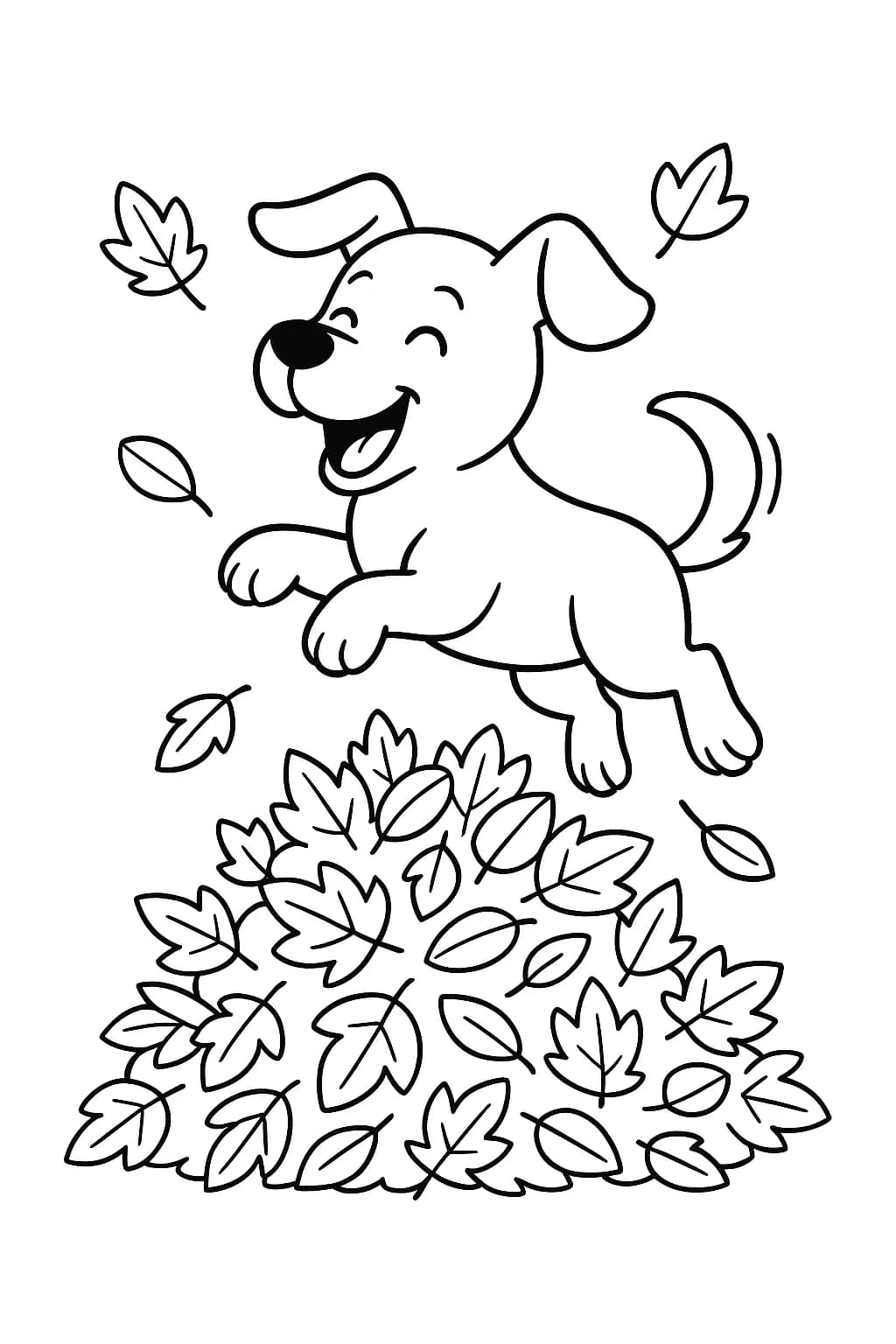 Outline of a playful dog jumping in a pile of large autumn leaves with a tree in the background.