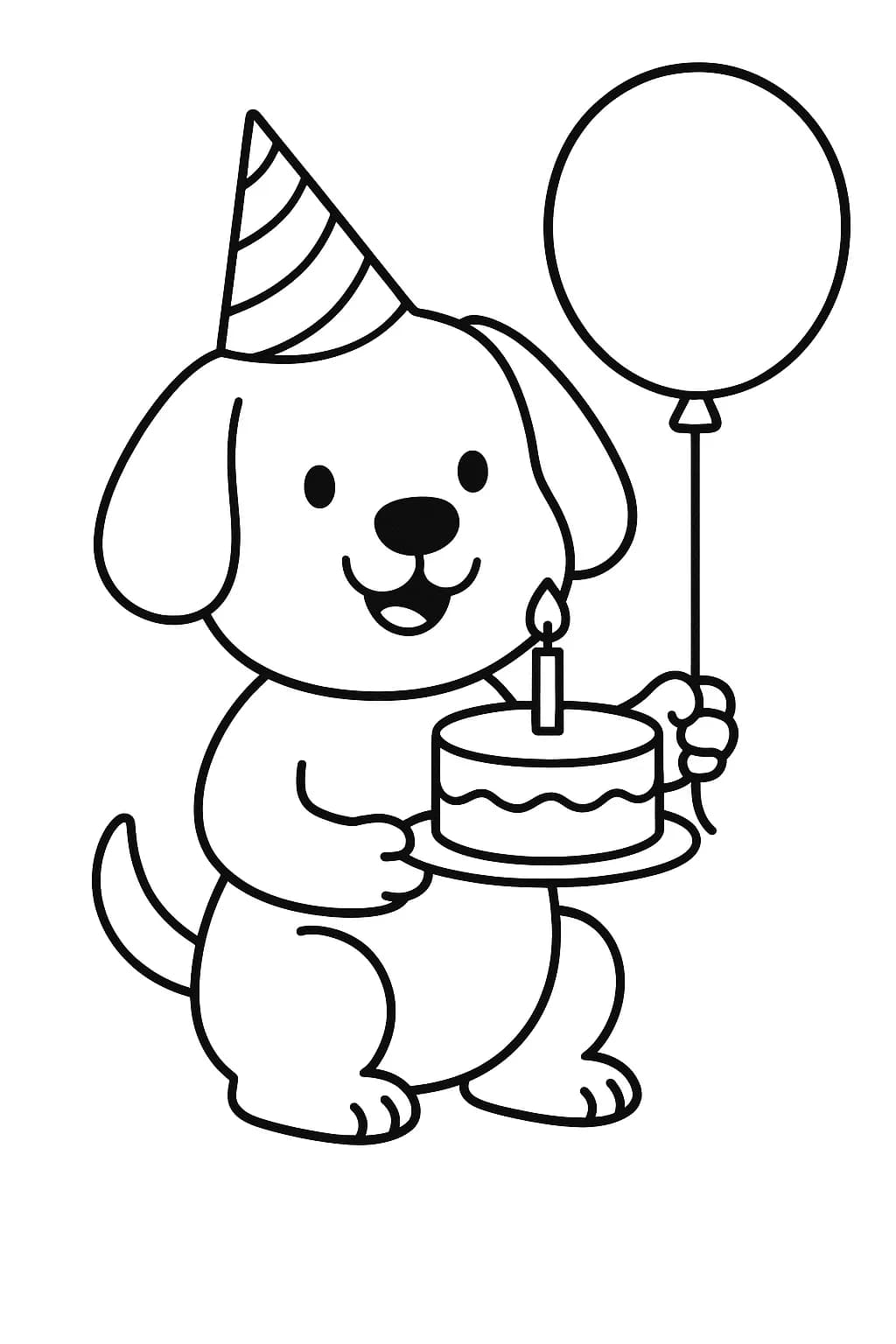 Outline of a smiling dog holding a balloon with a birthday hat and cake in the background.