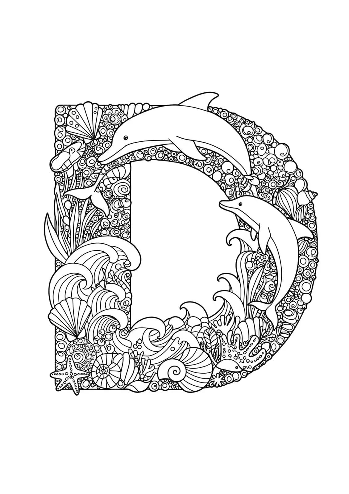 Letter D with playful dolphins, waves, fish, and seashells featuring intricate line patterns for preschool coloring.