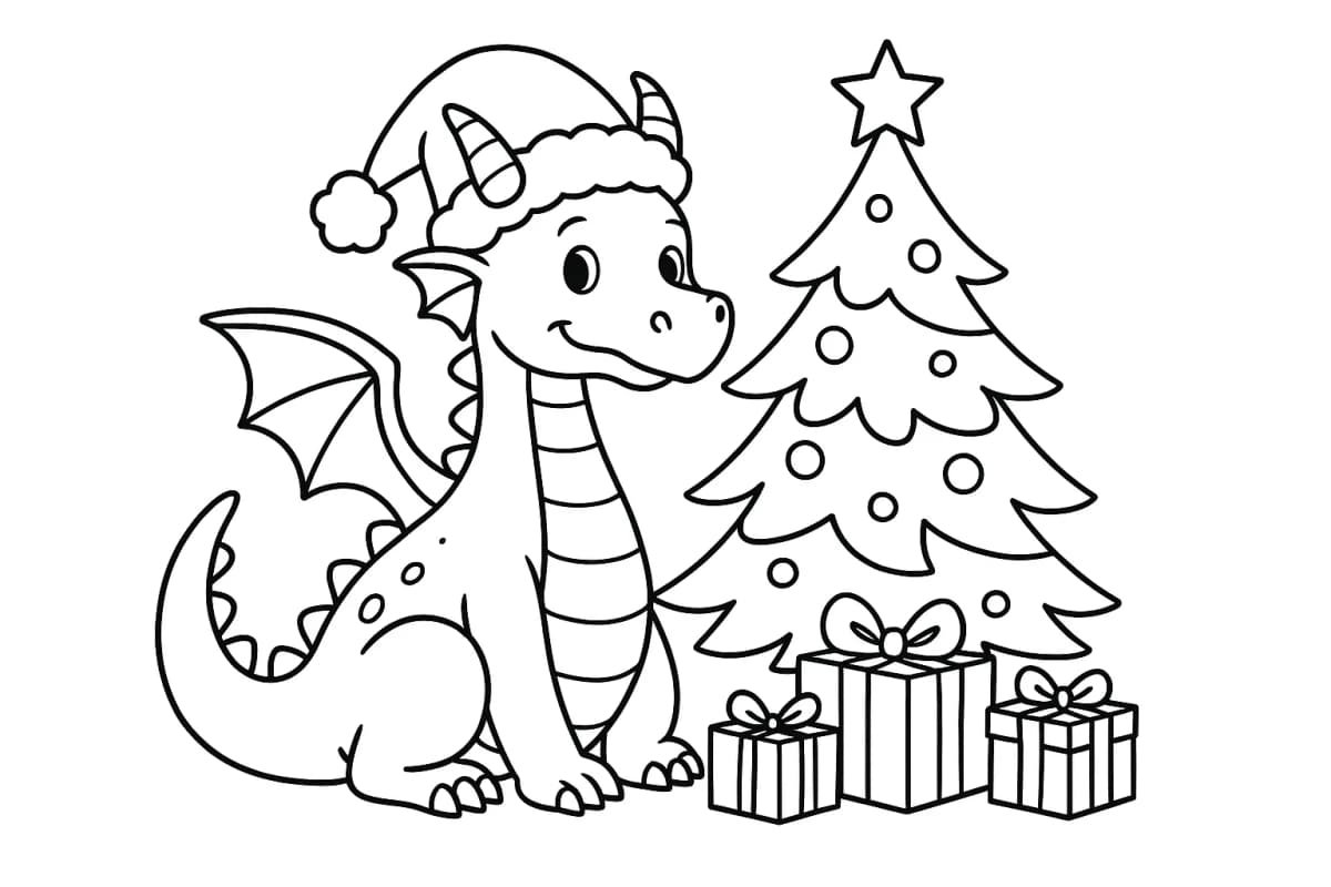 A cute dragon wearing a Santa hat, sitting next to a Christmas tree with gifts, designed with clear simple outlines for easy coloring.