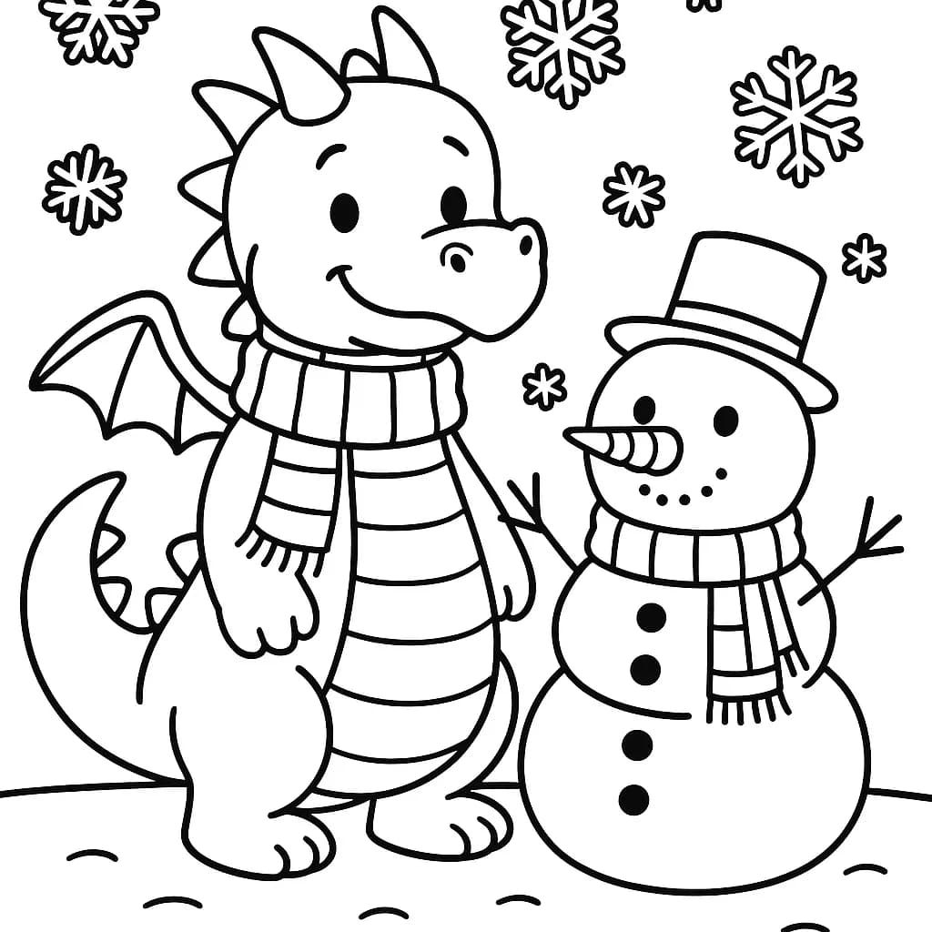 Easy coloring page of a dragon wearing a scarf playing next to a snowman, designed for preschoolers.