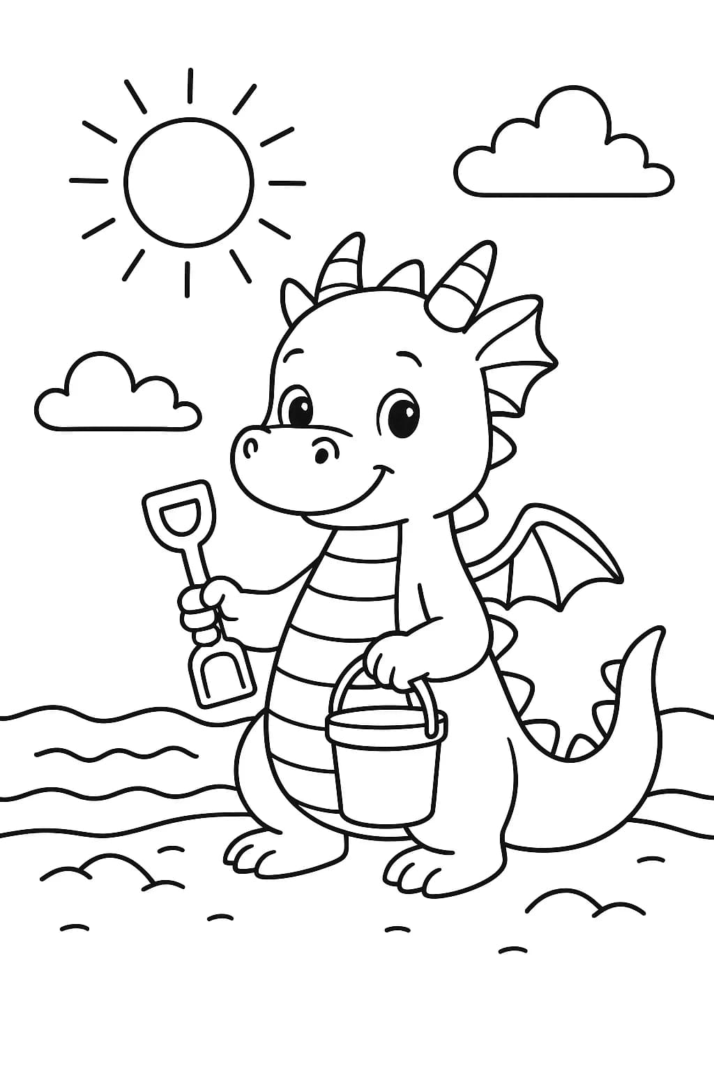 Coloring page of a dragon with a bucket and shovel at the beach, designed for preschoolers.
