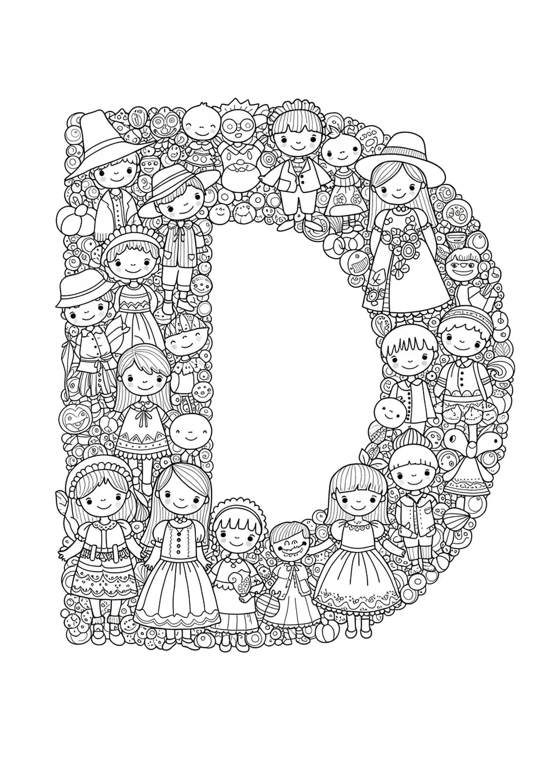 Letter D with children in fancy dresses, hats, and accessories with complex patterns for preschool coloring.