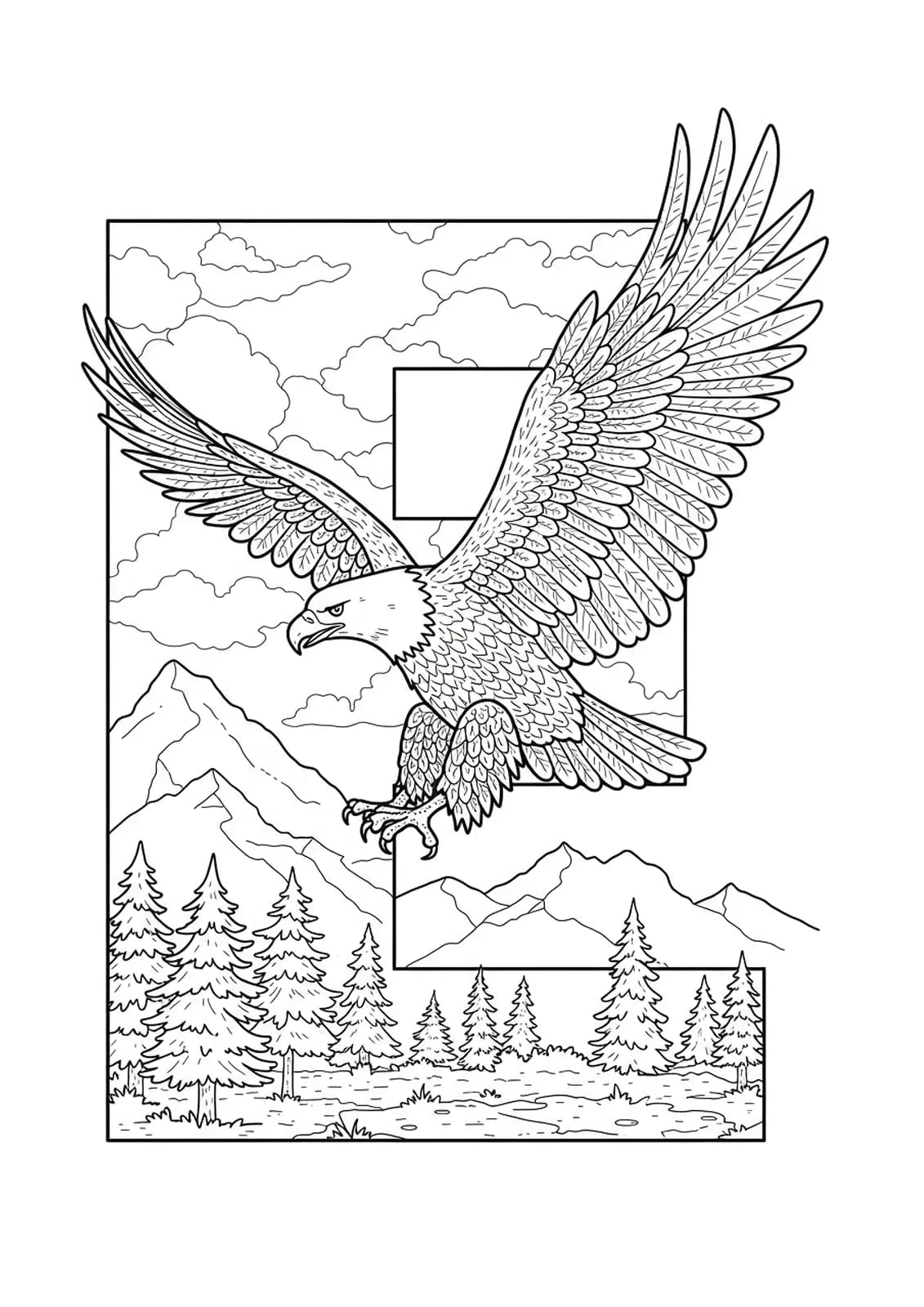 Printable coloring page with an eagle flying over mountains and the letter E for elementary children.