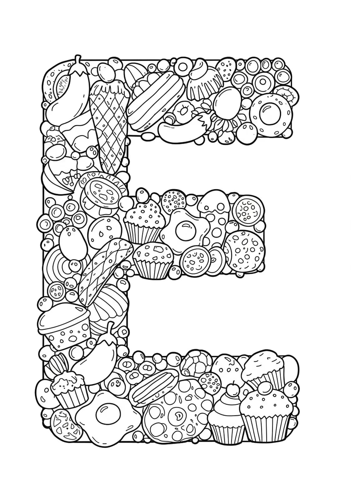 Detailed line art of the letter E with various foods like eggs, eclairs, eggplants, and cupcakes